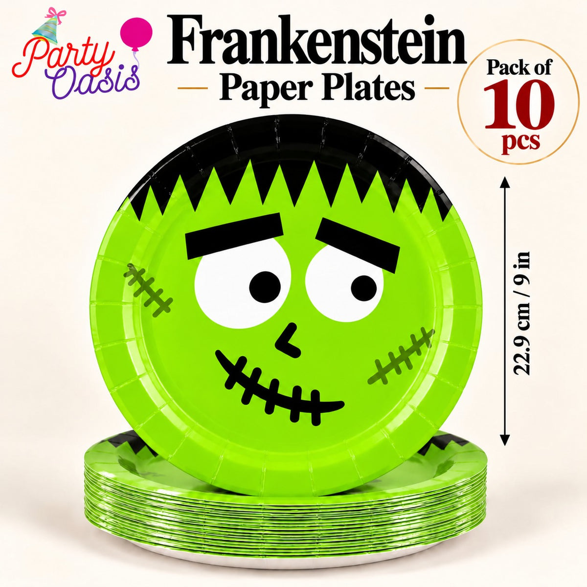 Green spooky scary frankenstein paper plate pack of 10