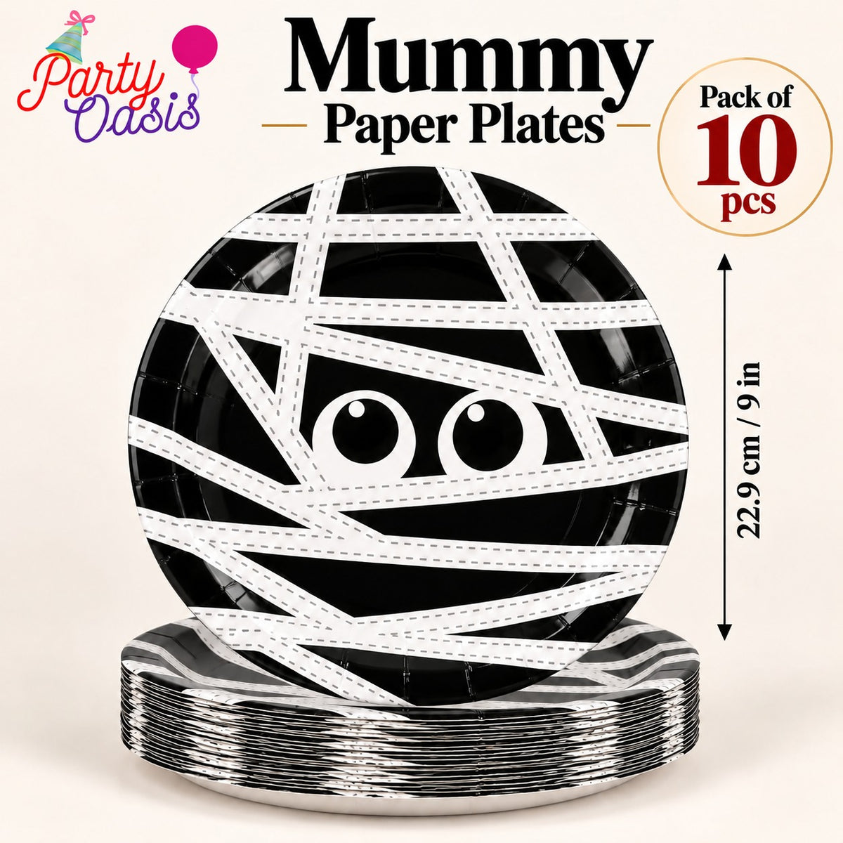 Black spooky scary mummy paper plate pack of 10