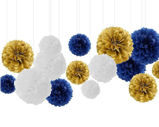 Navy blue and gold Tissue Paper Pom-Poms - Party Hanging Decorations-12pcs