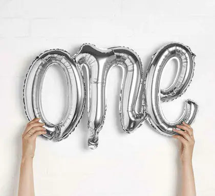 One first birthday cursive non inflated - silver