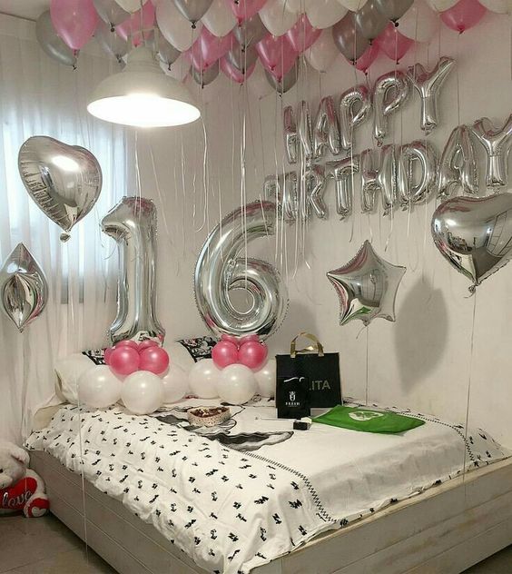 pink white silver birthday room surprise kit