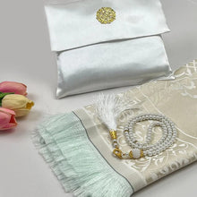 Satin white prayer mat and beads set