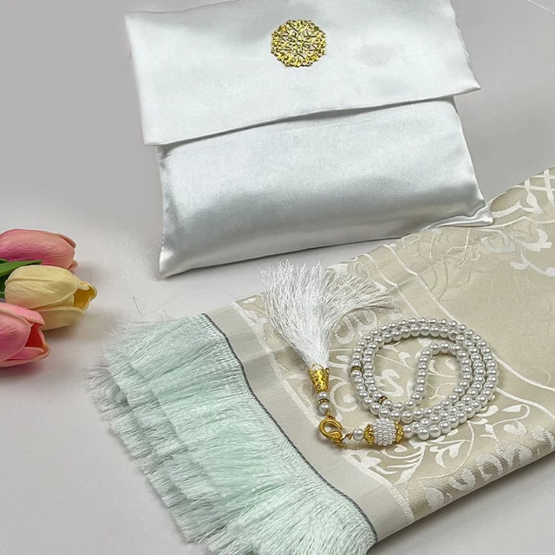 Satin white prayer mat and beads set
