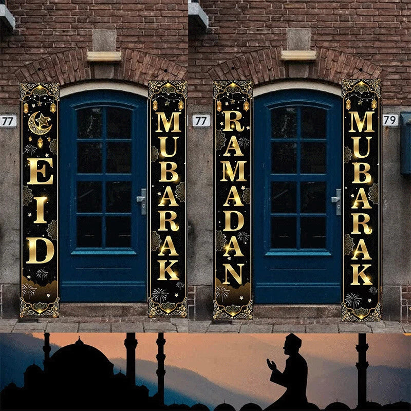 2 in 1 Ramadan Eid Mubarak Door Banner for Home Decorations Ramadan Kareem Porch Sign Eid Al Fitr Door Decoration