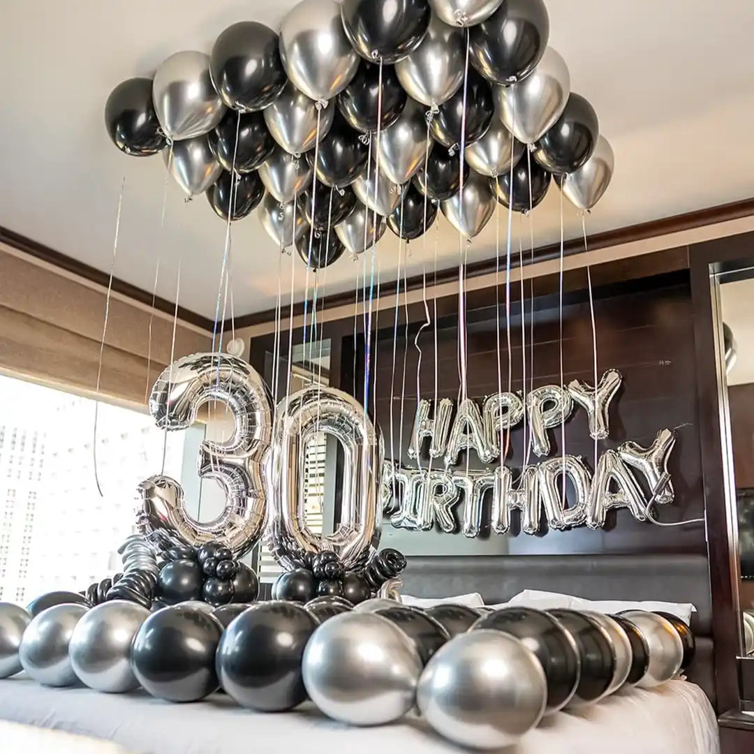 black silver birthday room surprise kit